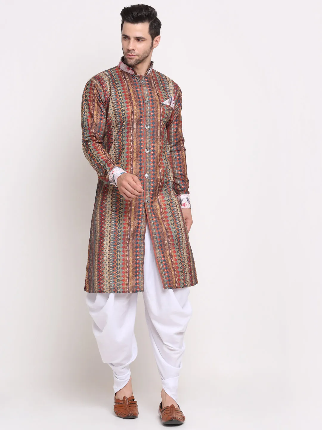 Men's Multi Printed Kurta With White Dhoti Pant - Benstoke