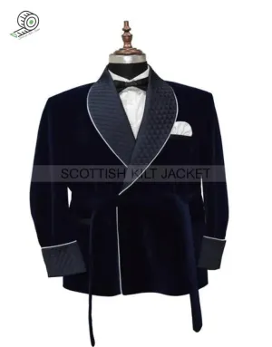 Men's Navy Blue Velvet Blazers with Quilted Jackets