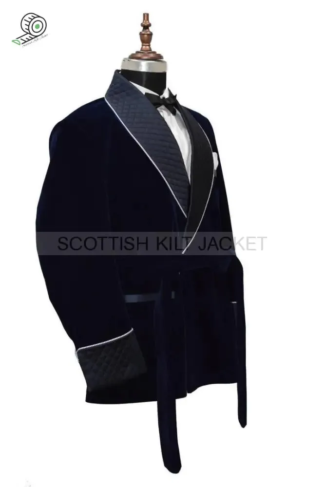 Men's Navy Blue Velvet Blazers with Quilted Jackets