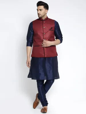 Men's Silk Blend Navy Blue Kurta With Pyjama & Maroon Nehru Jacket - Benstoke