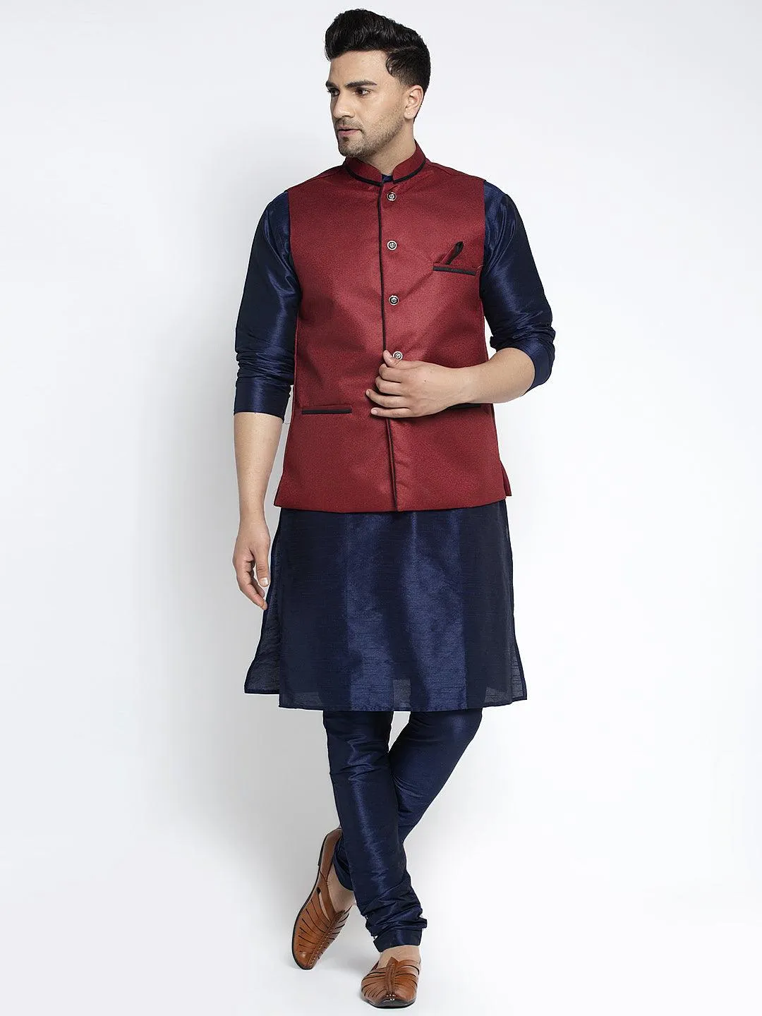 Men's Silk Blend Navy Blue Kurta With Pyjama & Maroon Nehru Jacket - Benstoke