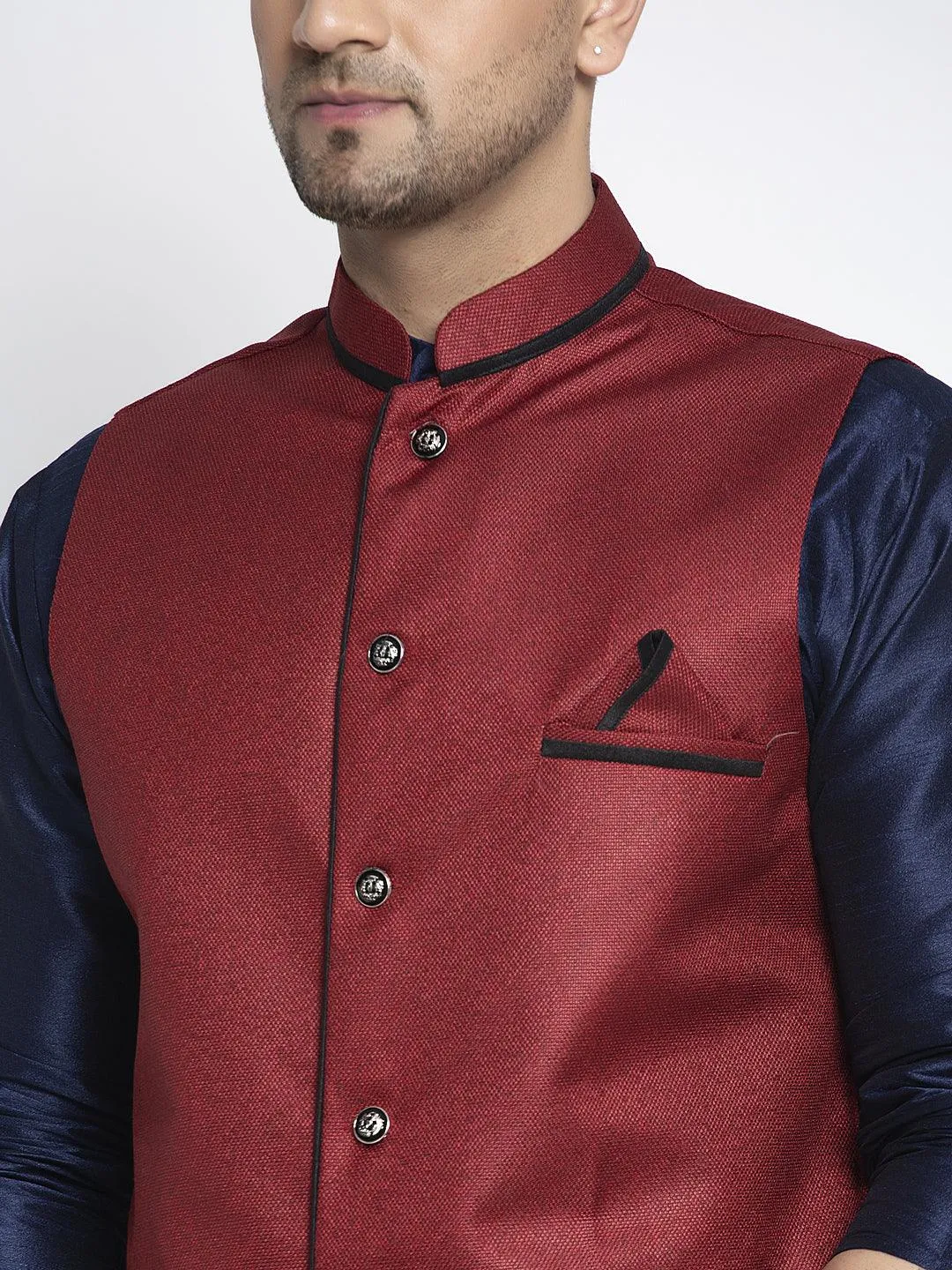 Men's Silk Blend Navy Blue Kurta With Pyjama & Maroon Nehru Jacket - Benstoke