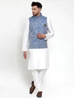 Men'S Solid Dupion Kurta Pajama With Woven Jacqaurd Nehru Jacket