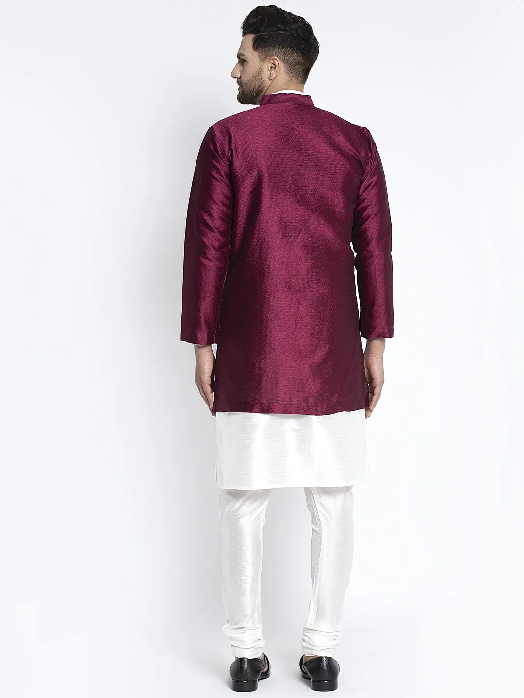 Men's White Kurta With Pyjama & Wine Self Design Jacket - Benstoke