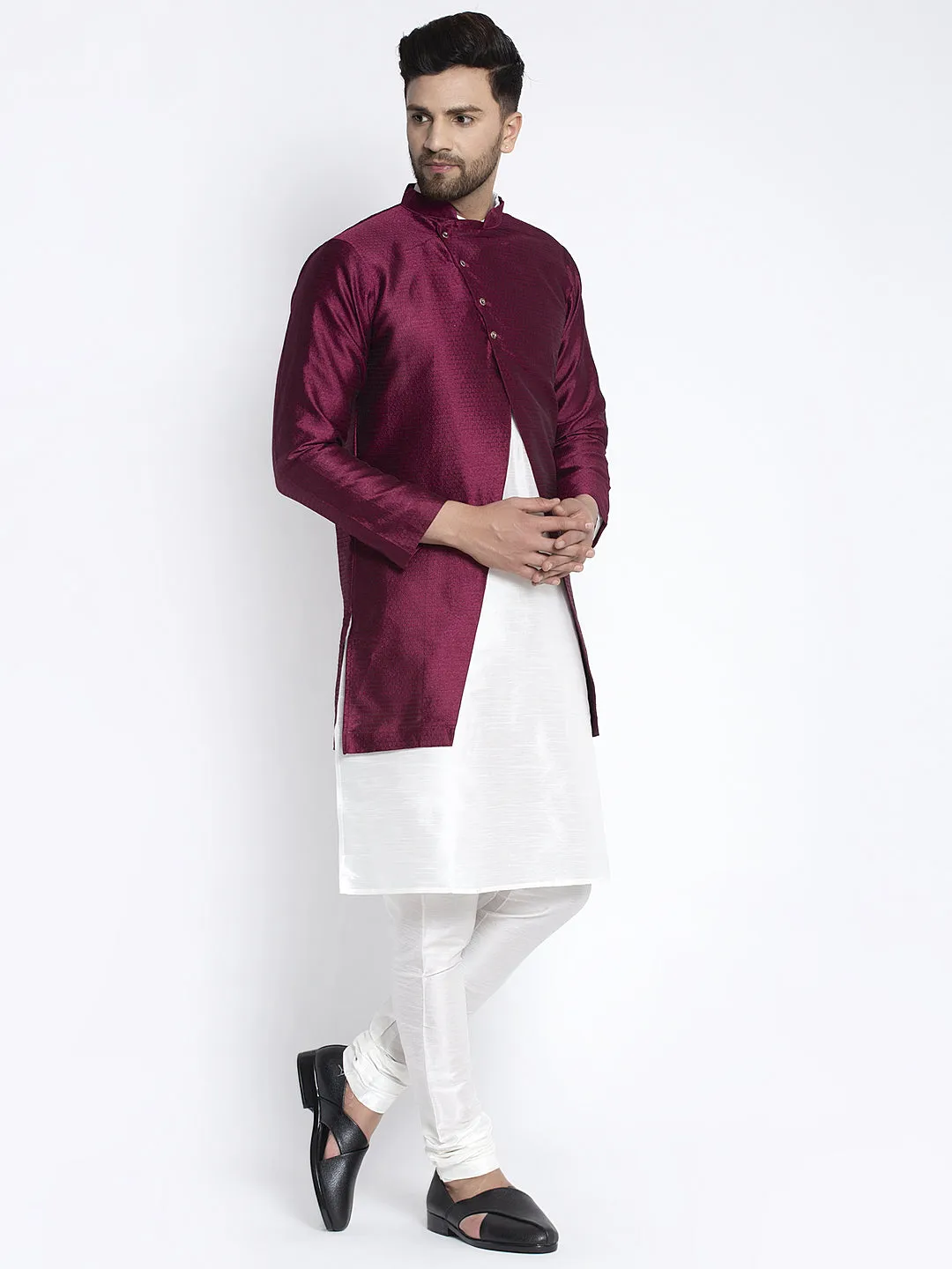 Men's White Kurta With Pyjama & Wine Self Design Jacket - Benstoke