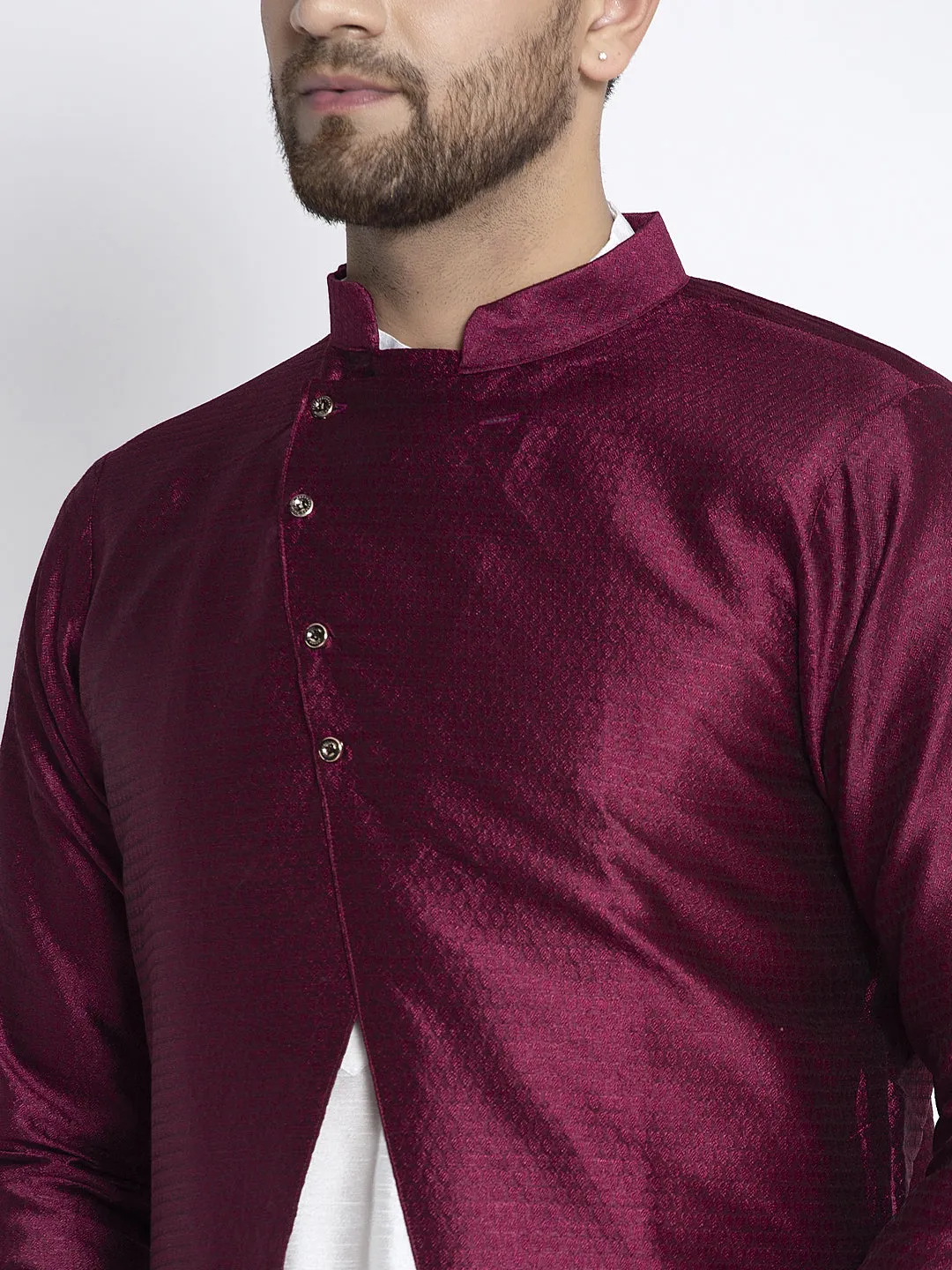 Men's White Kurta With Pyjama & Wine Self Design Jacket - Benstoke