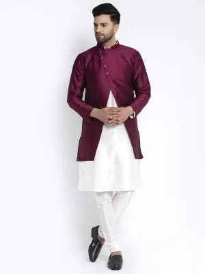 Men's White Kurta With Pyjama & Wine Self Design Jacket - Benstoke