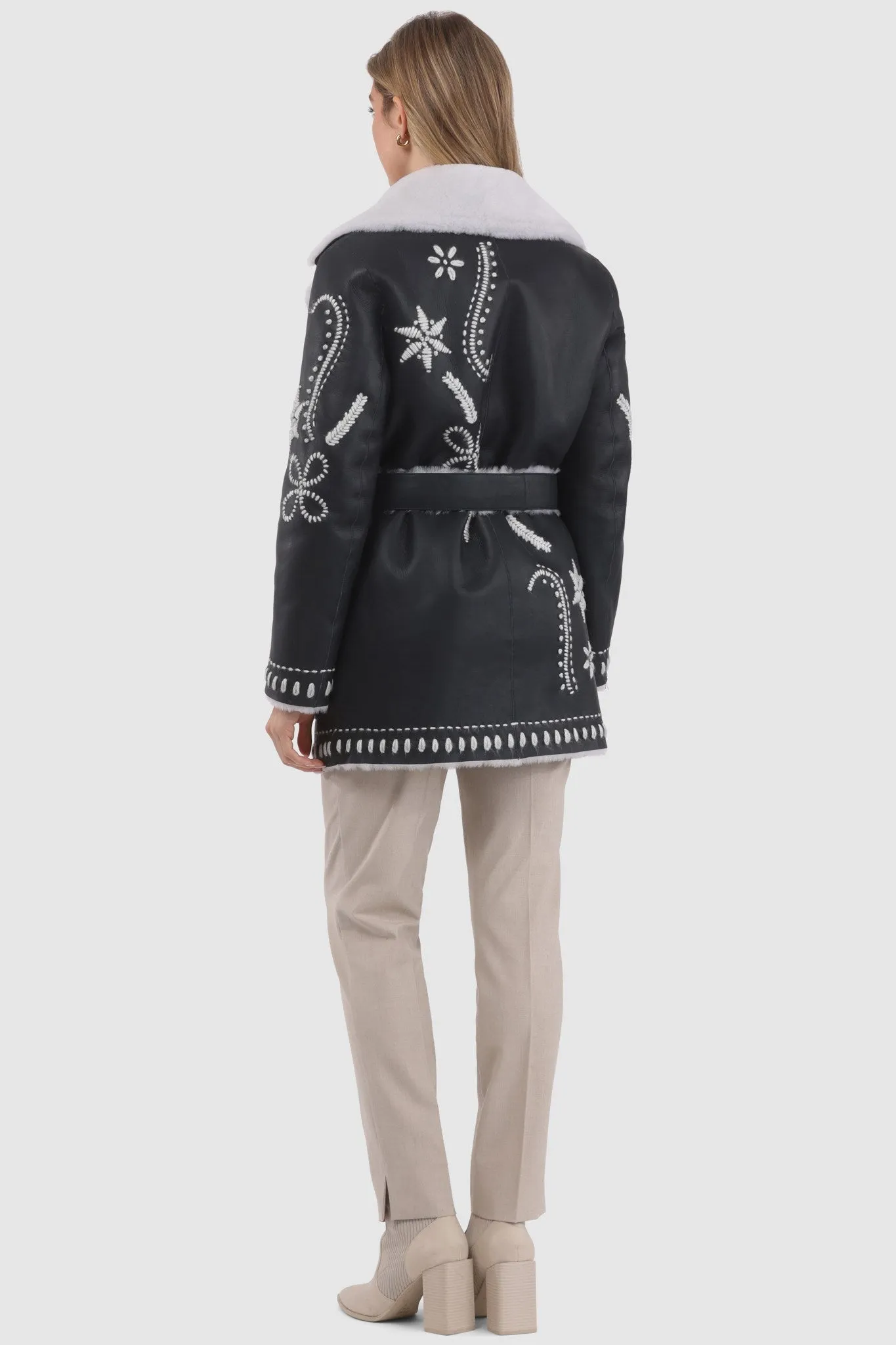 Merino Shearling Lamb Jacket with Embroidery, Belt