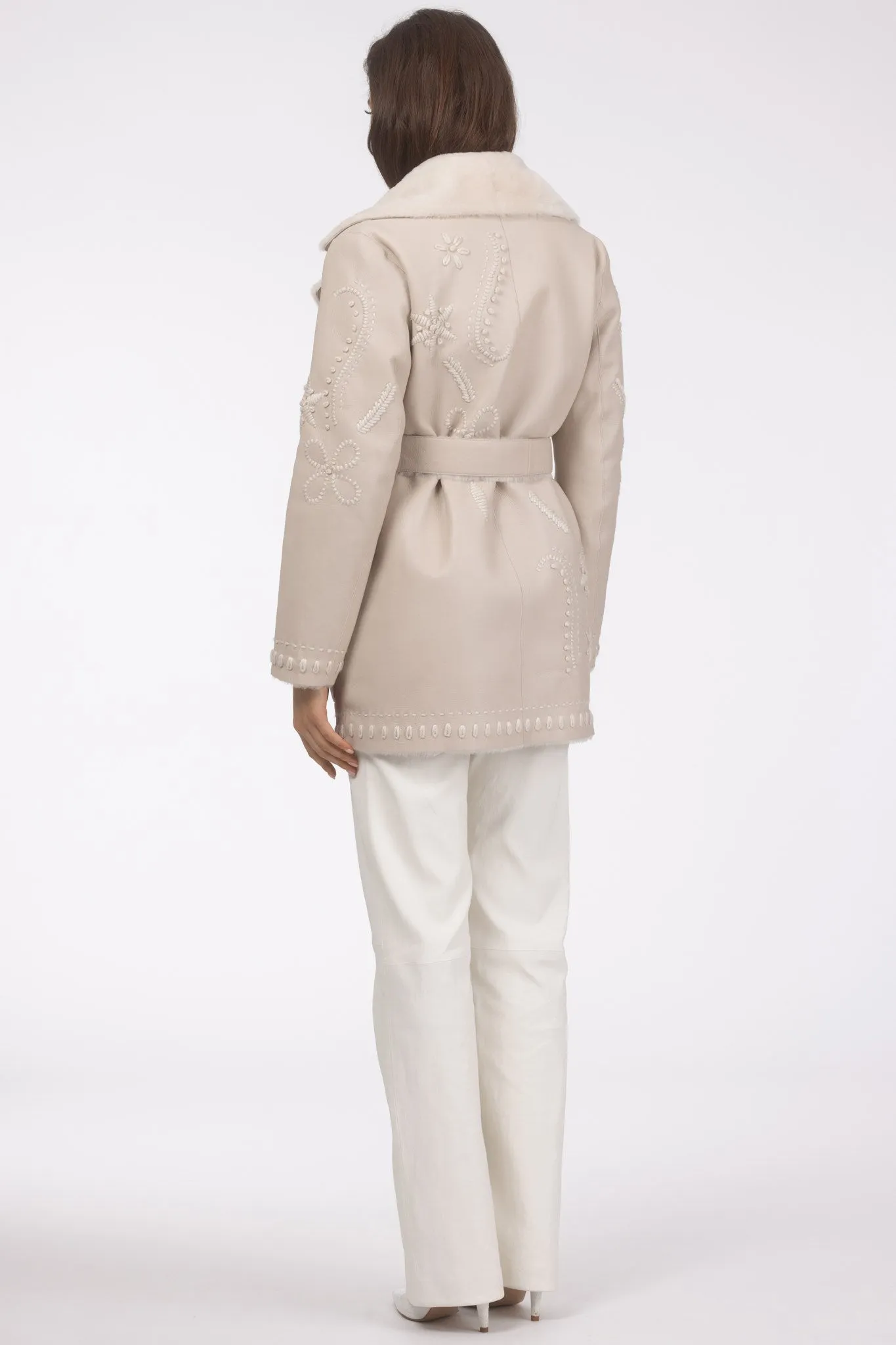 Merino Shearling Lamb Jacket with Embroidery, Belt