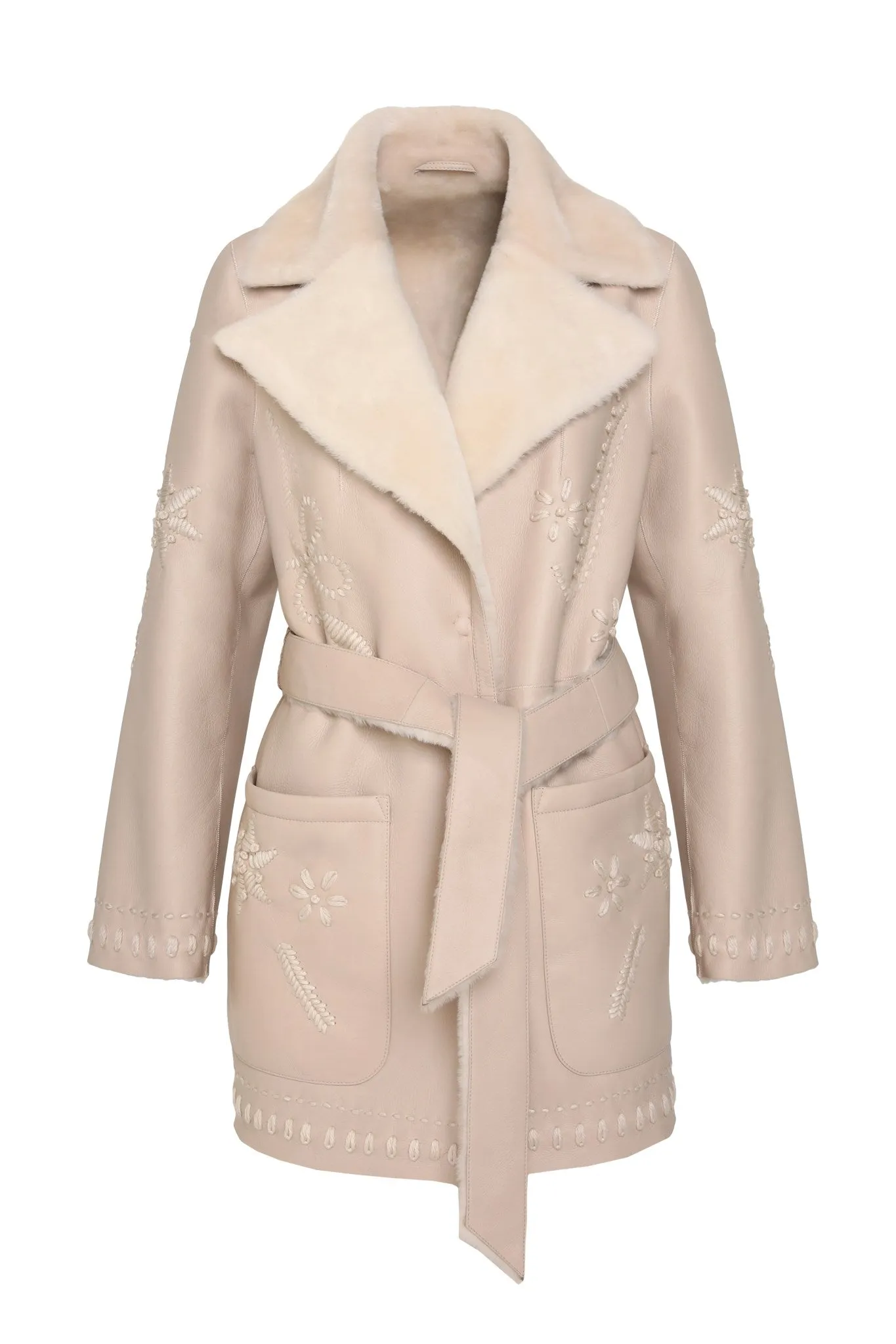 Merino Shearling Lamb Jacket with Embroidery, Belt