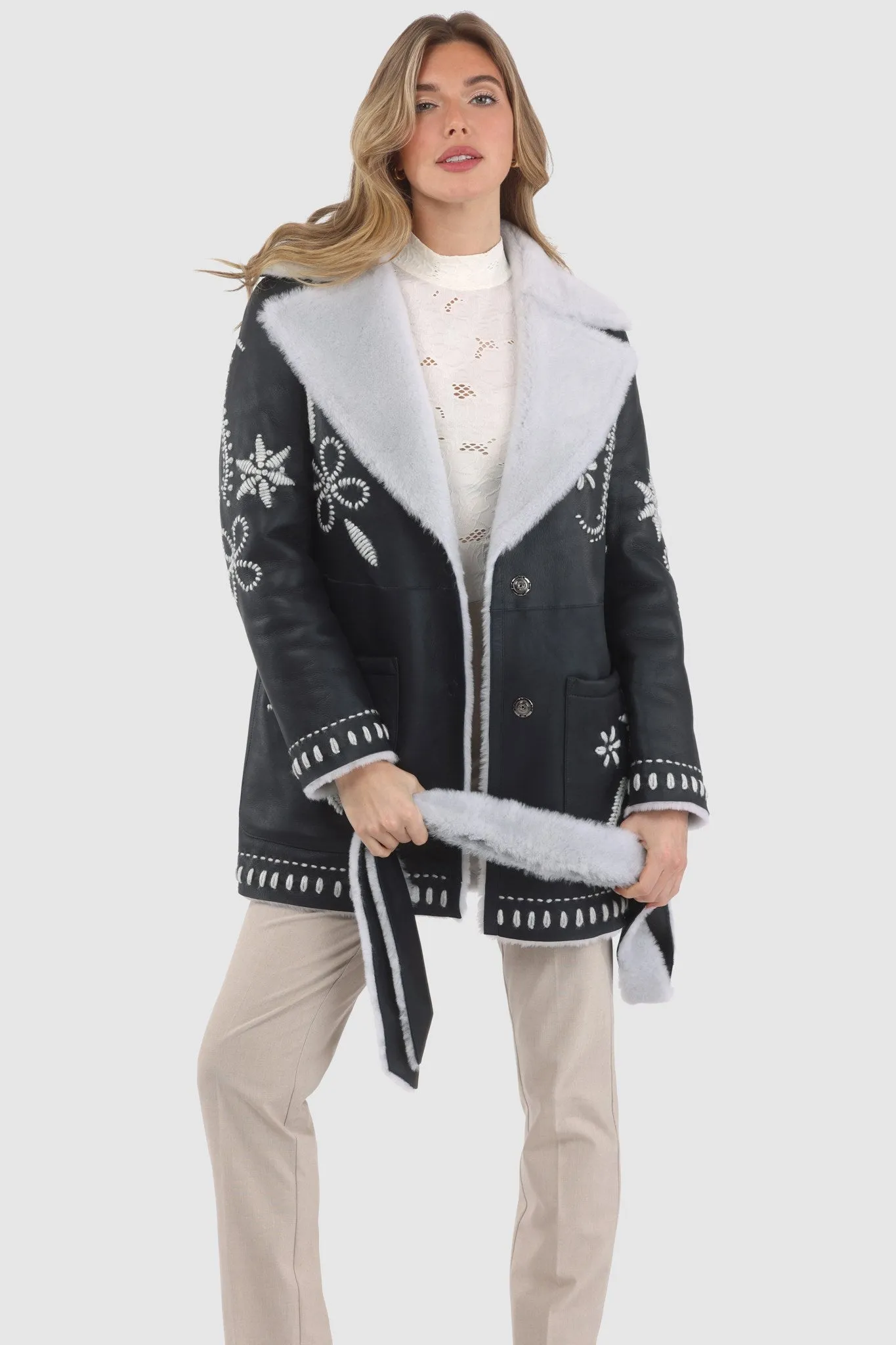 Merino Shearling Lamb Jacket with Embroidery, Belt