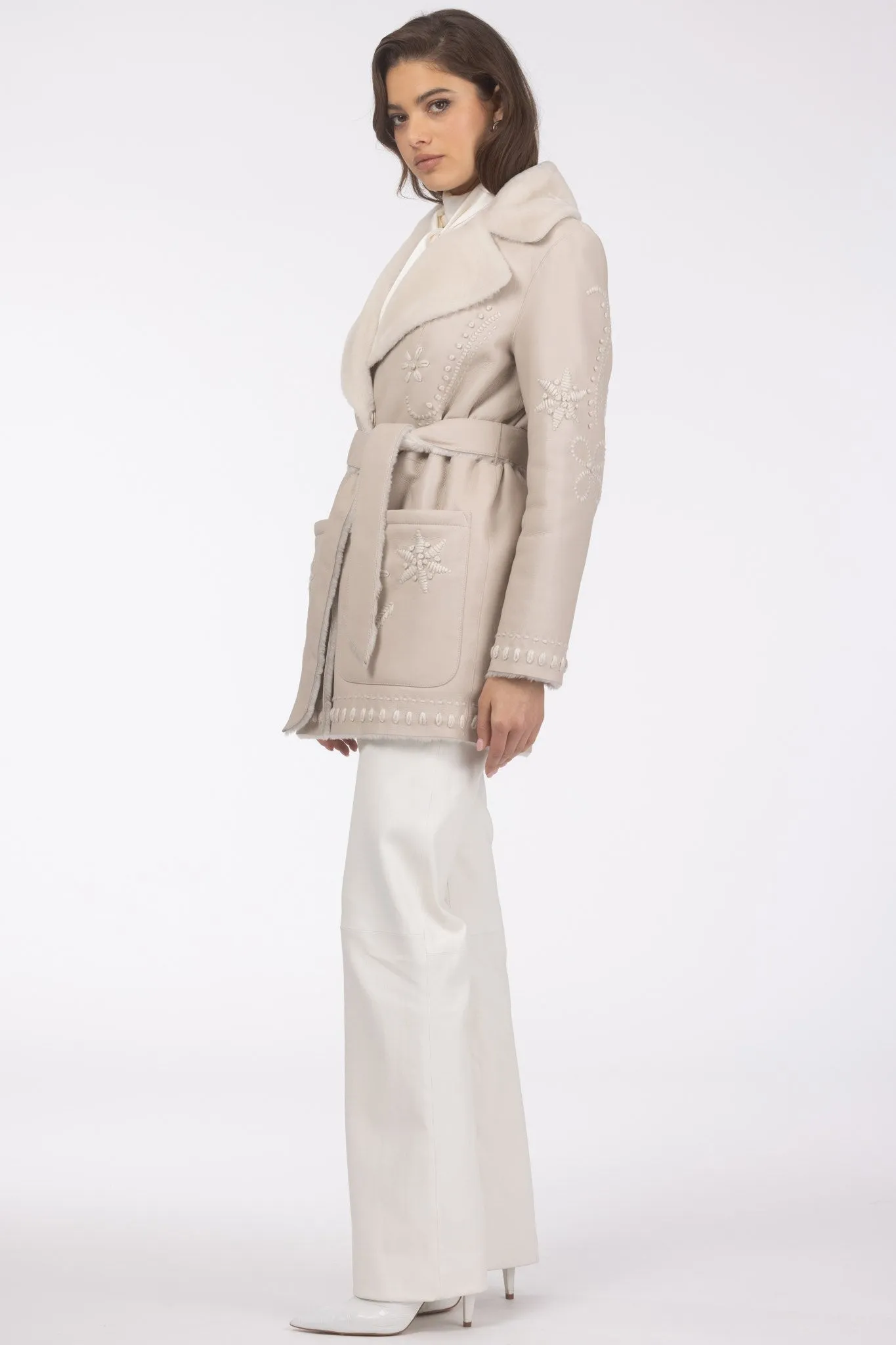 Merino Shearling Lamb Jacket with Embroidery, Belt