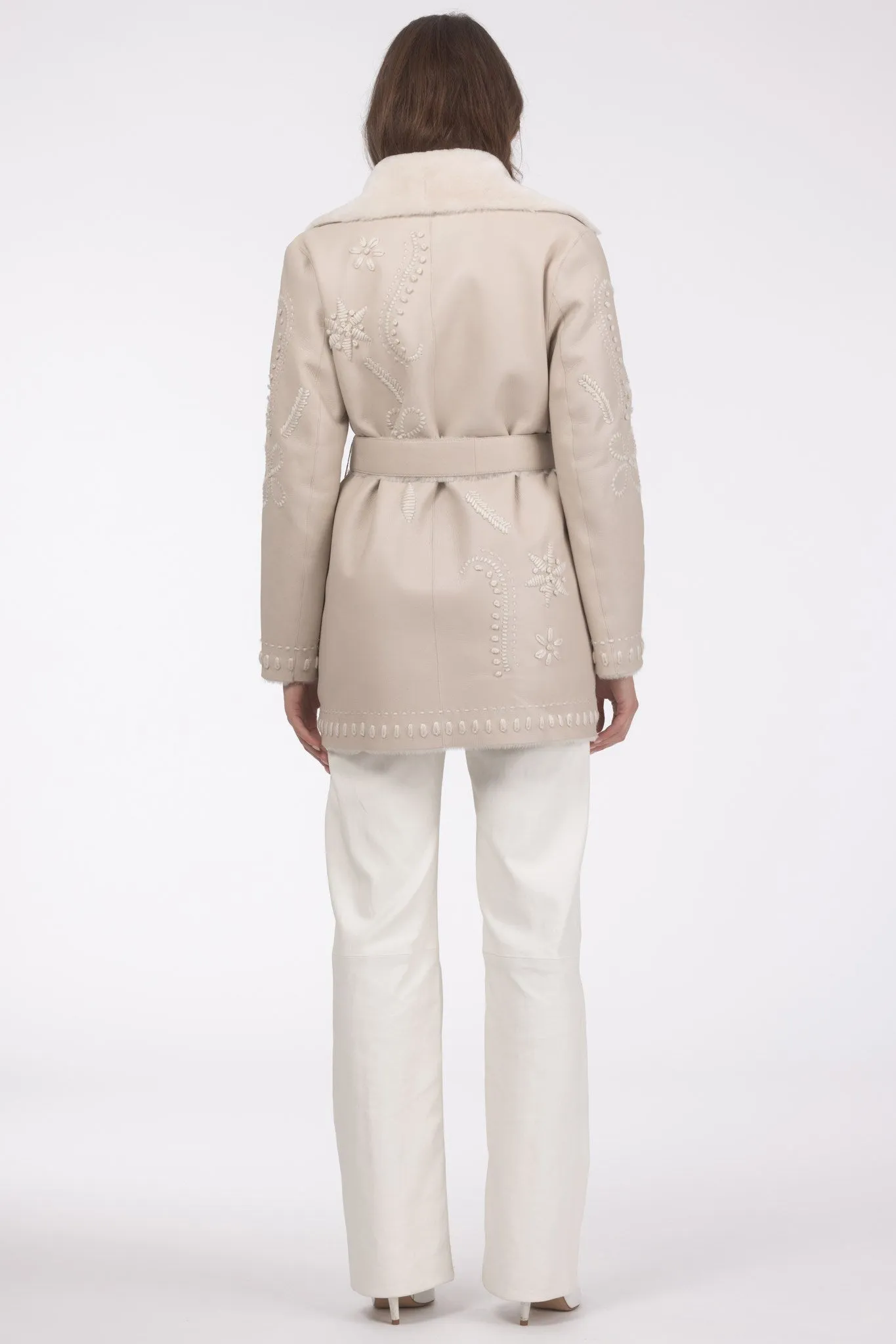 Merino Shearling Lamb Jacket with Embroidery, Belt