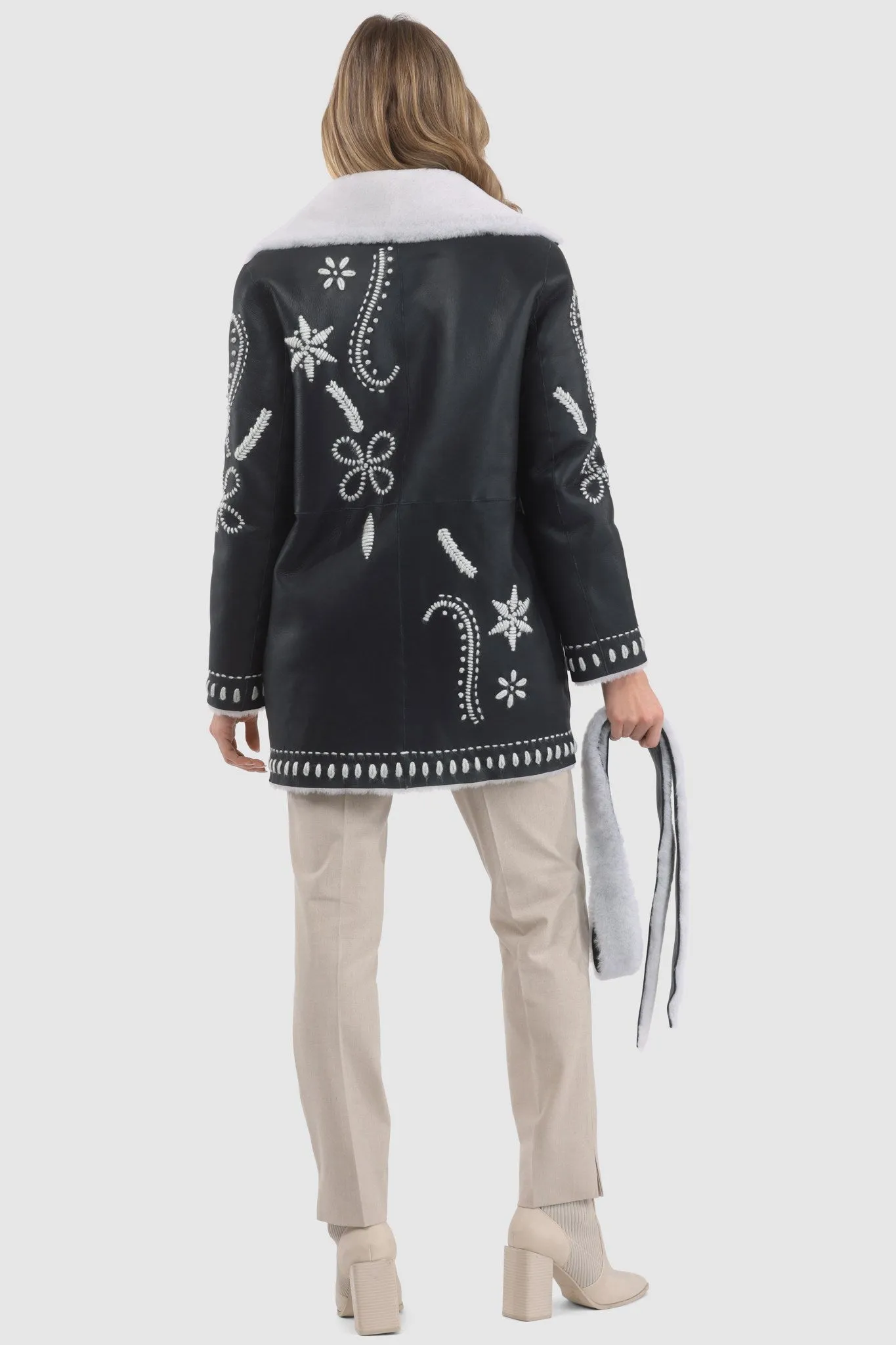 Merino Shearling Lamb Jacket with Embroidery, Belt