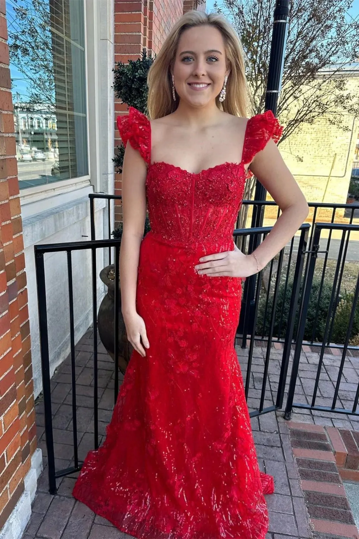 Mermaid Red/Yellow Lace Long Prom Dress, Red/Yellow Lace Formal Dress, Long Red/Yellow Evening Dress A2026