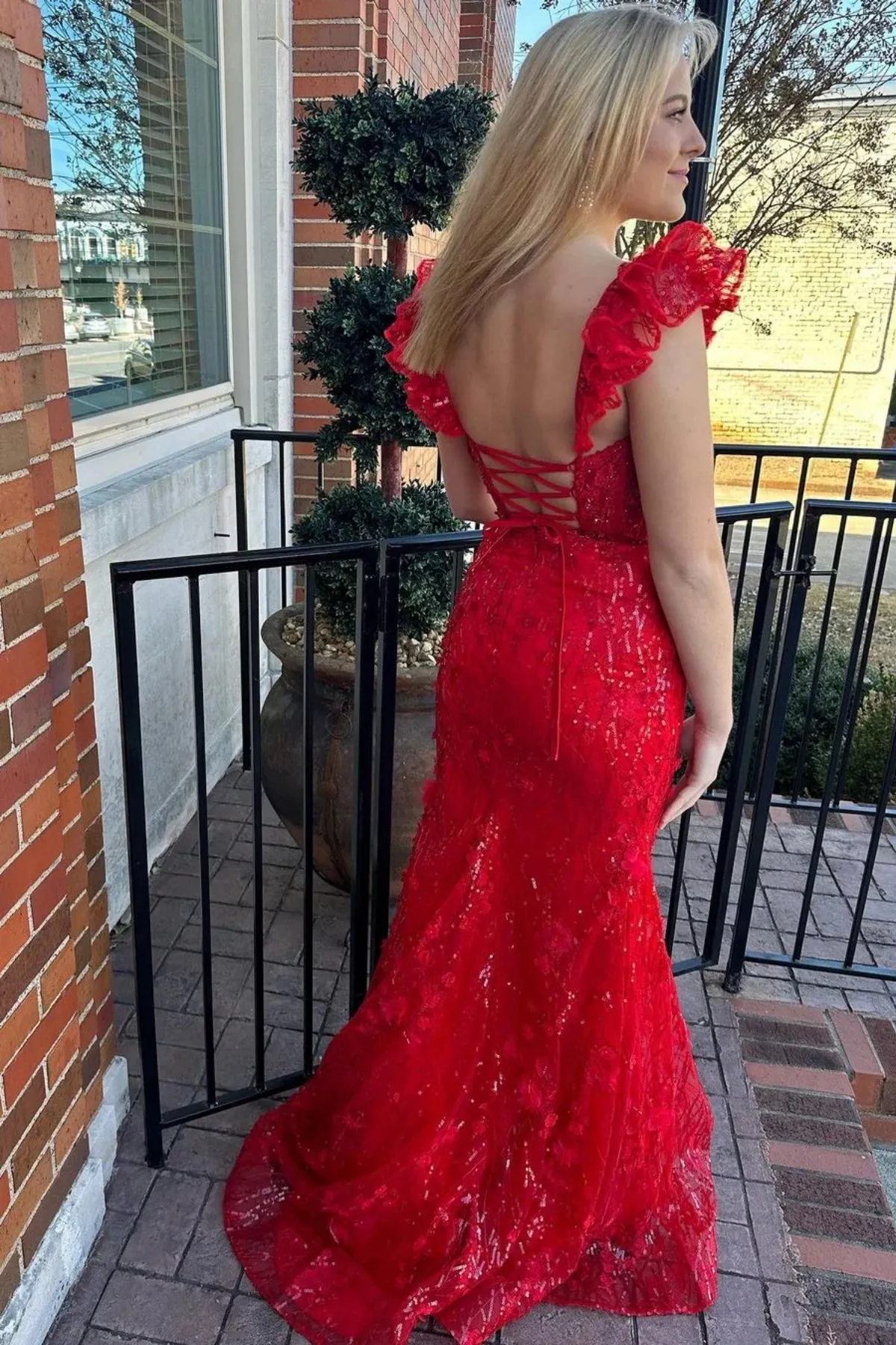 Mermaid Red/Yellow Lace Long Prom Dress, Red/Yellow Lace Formal Dress, Long Red/Yellow Evening Dress A2026