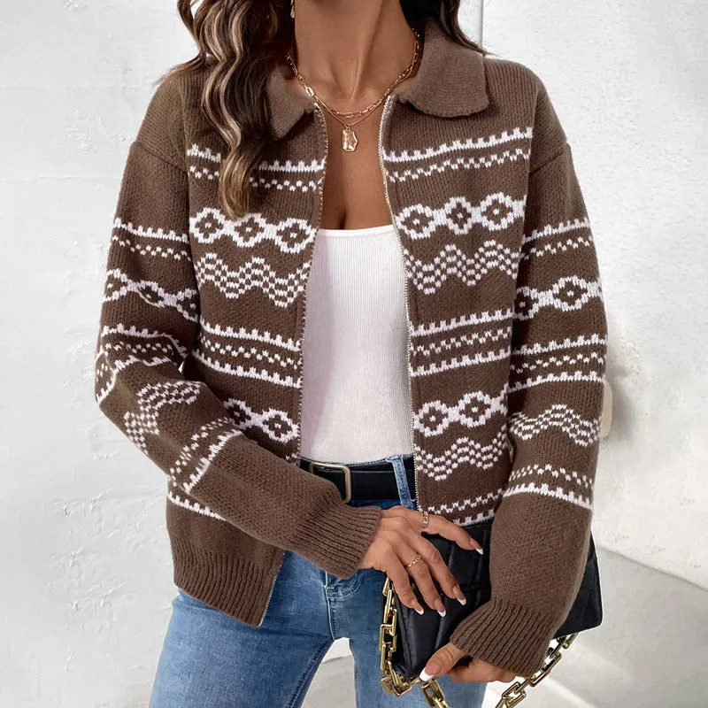 METAVERSMALL 2025 ethnic style jacquard zipper cardigan New autumn and winter new lapel casual knitted sweater