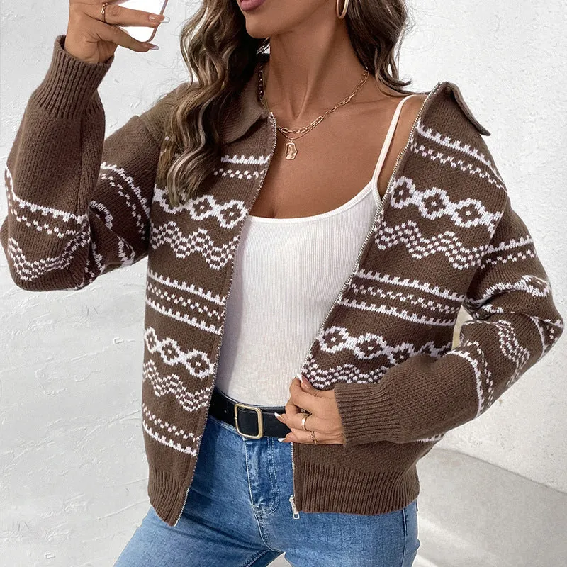 METAVERSMALL 2025 ethnic style jacquard zipper cardigan New autumn and winter new lapel casual knitted sweater