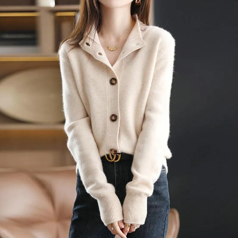 METAVERSMALL Autumn and winter new versatile fashion slim-fit cardigan top 2023 solid color temperament commuter style cardigan knitted sweater