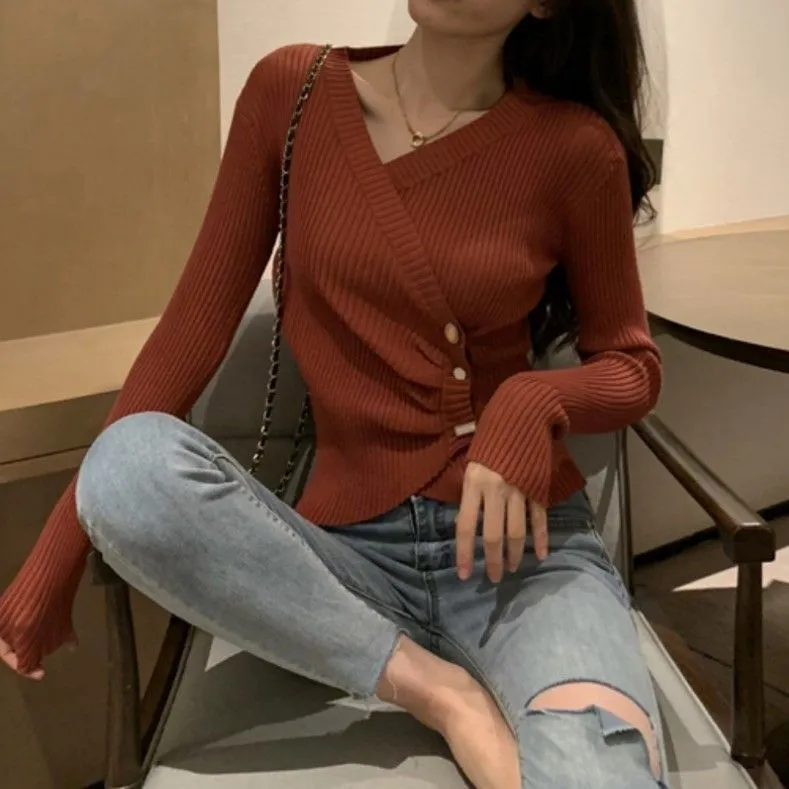 METAVERSMALL Autumn and winter popular design sense V-neck slim-fitting and thin cardigan sweater 2023 new irregular gentle bottoming shirt women