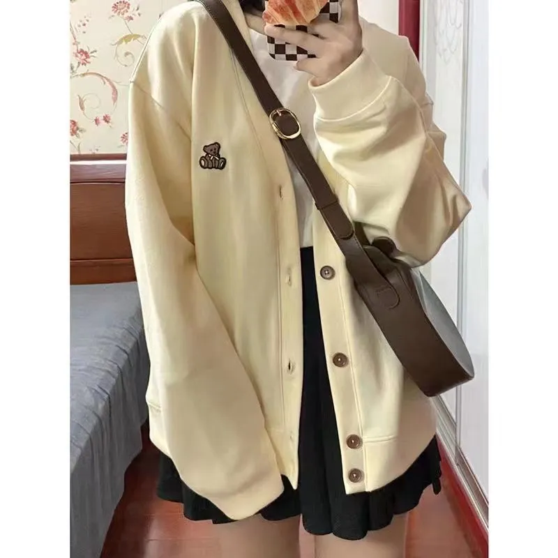 METAVERSMALL Milk yellow cardigan sweater oversize coat women's spring and autumn wear autumn gentle wear with loose tops tide