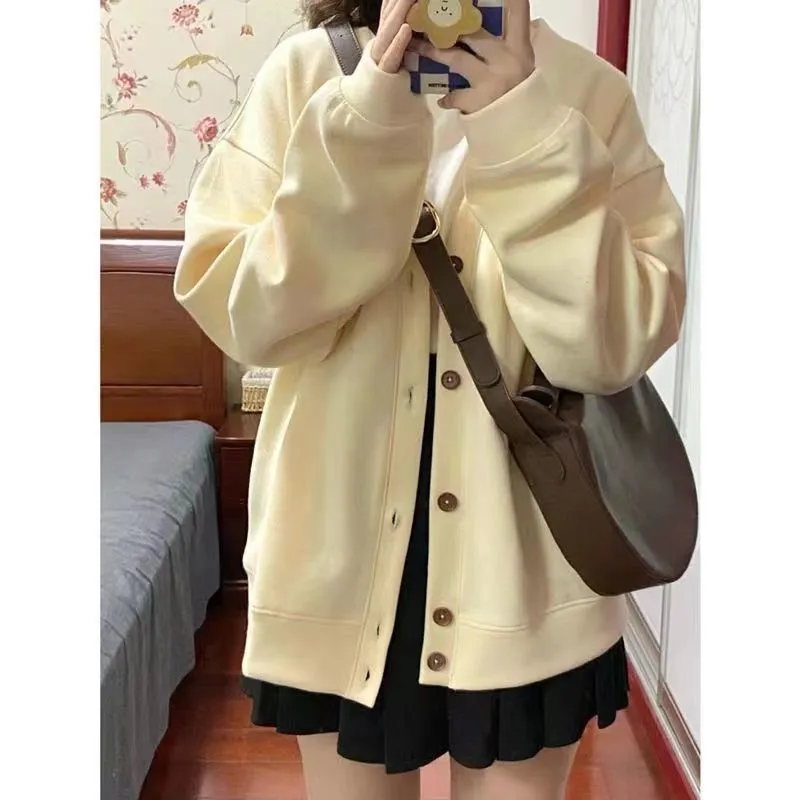 METAVERSMALL Milk yellow cardigan sweater oversize coat women's spring and autumn wear autumn gentle wear with loose tops tide