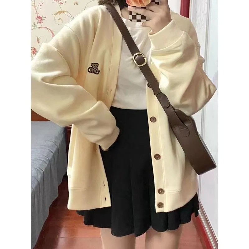 METAVERSMALL Milk yellow cardigan sweater oversize coat women's spring and autumn wear autumn gentle wear with loose tops tide