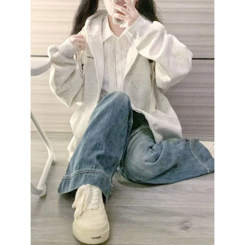 METAVERSMALL New Spring and Autumn New Flower Grey Hooded Sweater Women's Loose Casual Skinny Small Zipper Jacket Cardigan