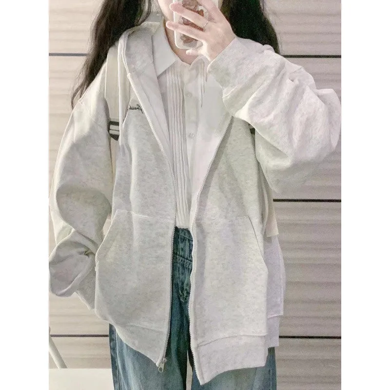 METAVERSMALL New Spring and Autumn New Flower Grey Hooded Sweater Women's Loose Casual Skinny Small Zipper Jacket Cardigan