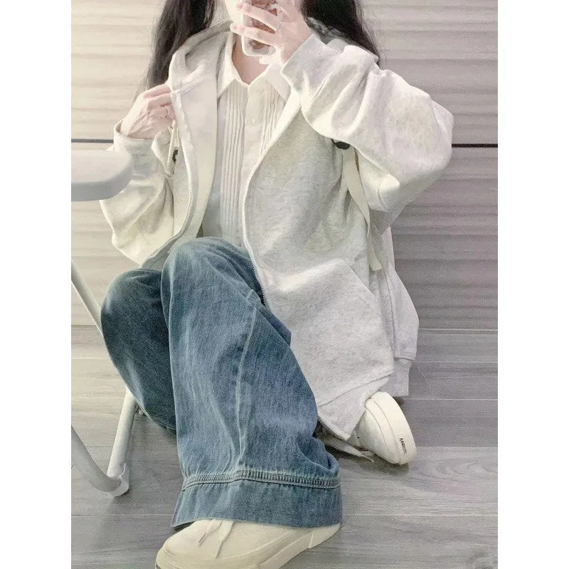 METAVERSMALL New Spring and Autumn New Flower Grey Hooded Sweater Women's Loose Casual Skinny Small Zipper Jacket Cardigan