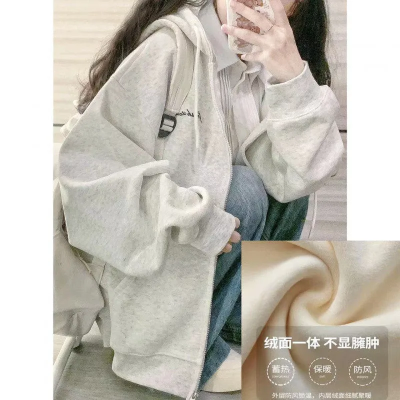 METAVERSMALL New Spring and Autumn New Flower Grey Hooded Sweater Women's Loose Casual Skinny Small Zipper Jacket Cardigan