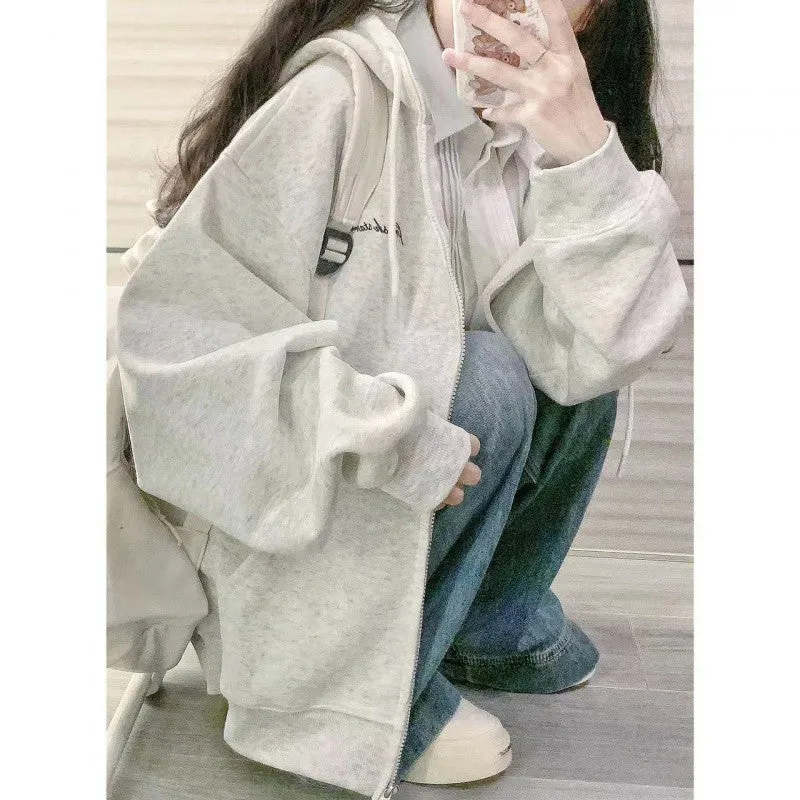 METAVERSMALL New Spring and Autumn New Flower Grey Hooded Sweater Women's Loose Casual Skinny Small Zipper Jacket Cardigan