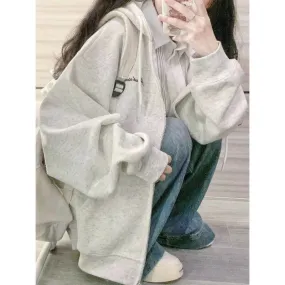 METAVERSMALL New Spring and Autumn New Flower Grey Hooded Sweater Women's Loose Casual Skinny Small Zipper Jacket Cardigan