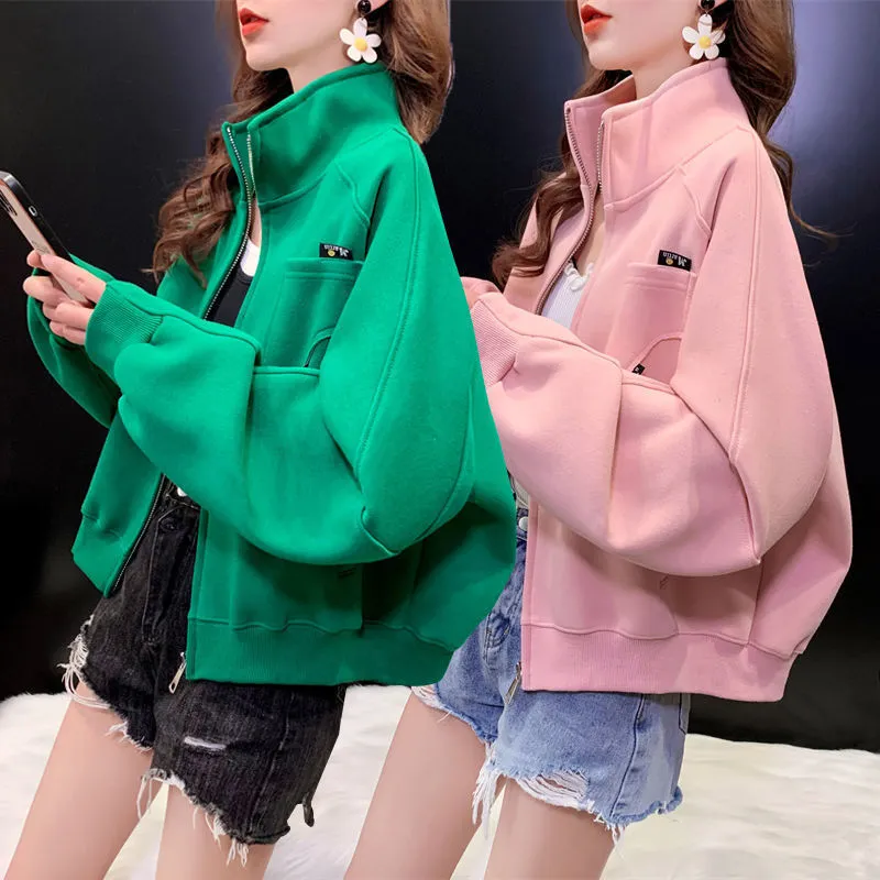 METAVERSMALL Spring and Autumn Long Sleeve Stand-Up Jacket Women's Thin Lazy Wind New New Loose Large Size Korean Cardigan Sweater