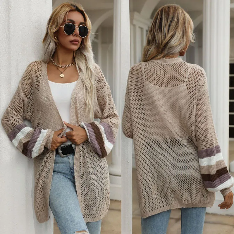 METAVERSMALL Strictly selected  New autumn 2025 medium and long contrasting color loose sweater knitted cardigan thin coat women