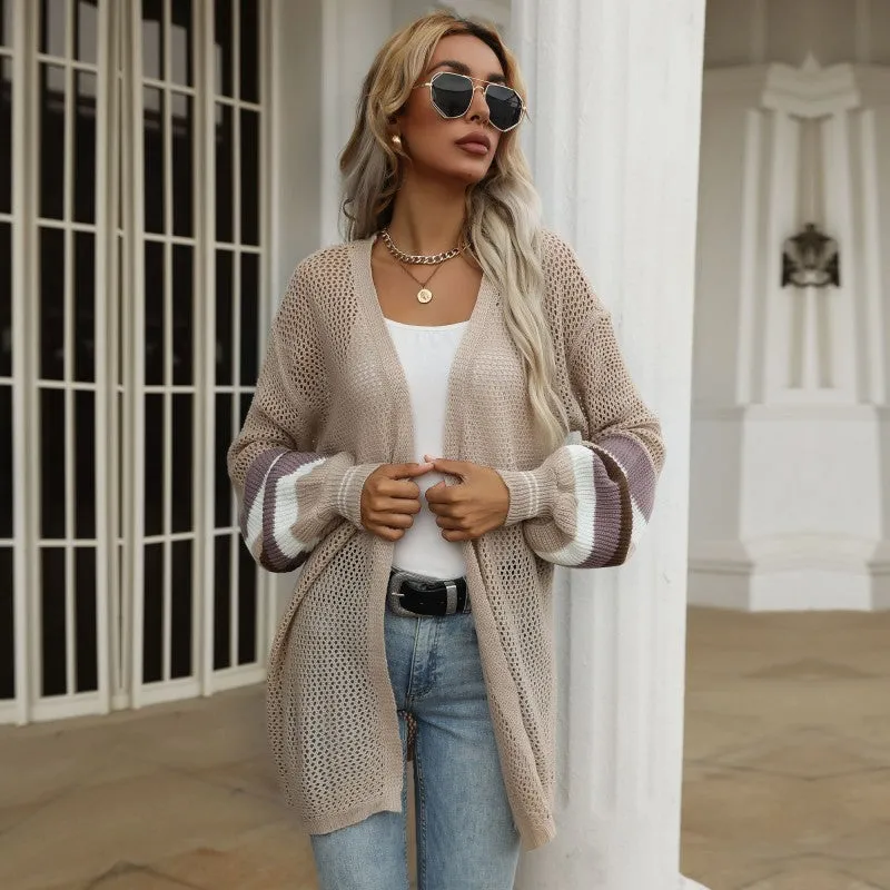 METAVERSMALL Strictly selected  New autumn 2025 medium and long contrasting color loose sweater knitted cardigan thin coat women