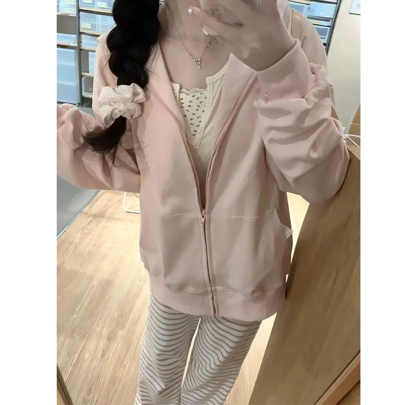 METAVERSMALL Sweet wear light pink girl hooded sweater women's new Japanese loose cardigan jacket cute spring and autumn thin