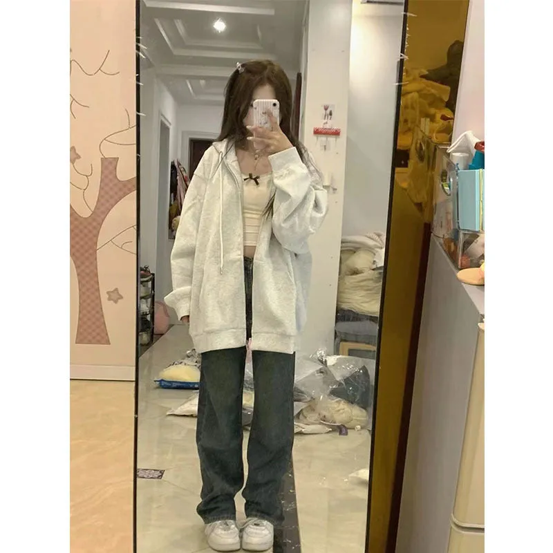 METAVERSMALL Sweet wear light pink girl hooded sweater women's new Japanese loose cardigan jacket cute spring and autumn thin