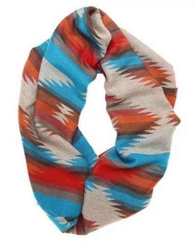 Mexican Blanket Infinity Scarf Super Soft Boho Aztec Print Beige Rust Turquoise Brown Southwestern Serape Cowgirl Winter Scarves