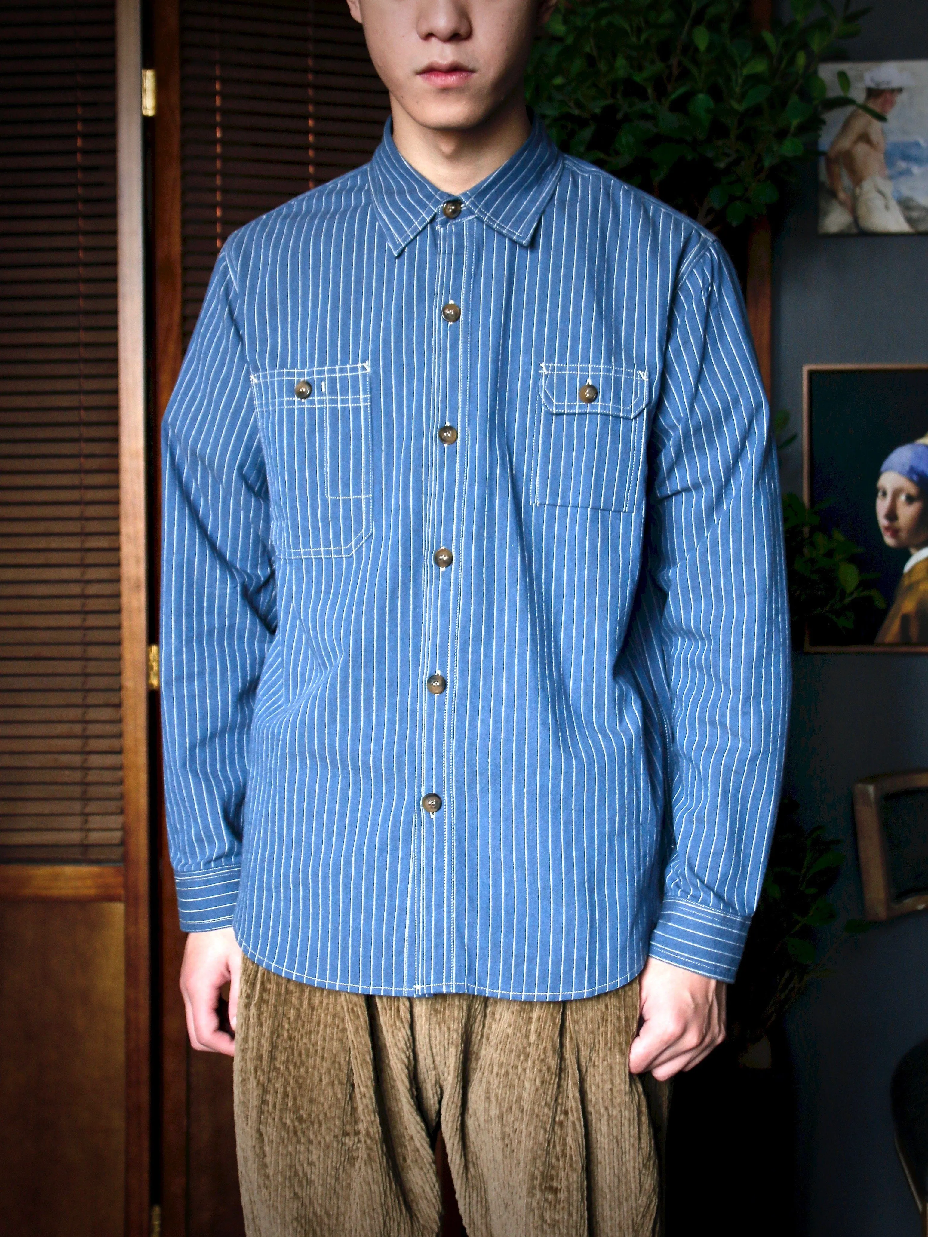 Multi-Pocket Striped Woven Cotton Shirt