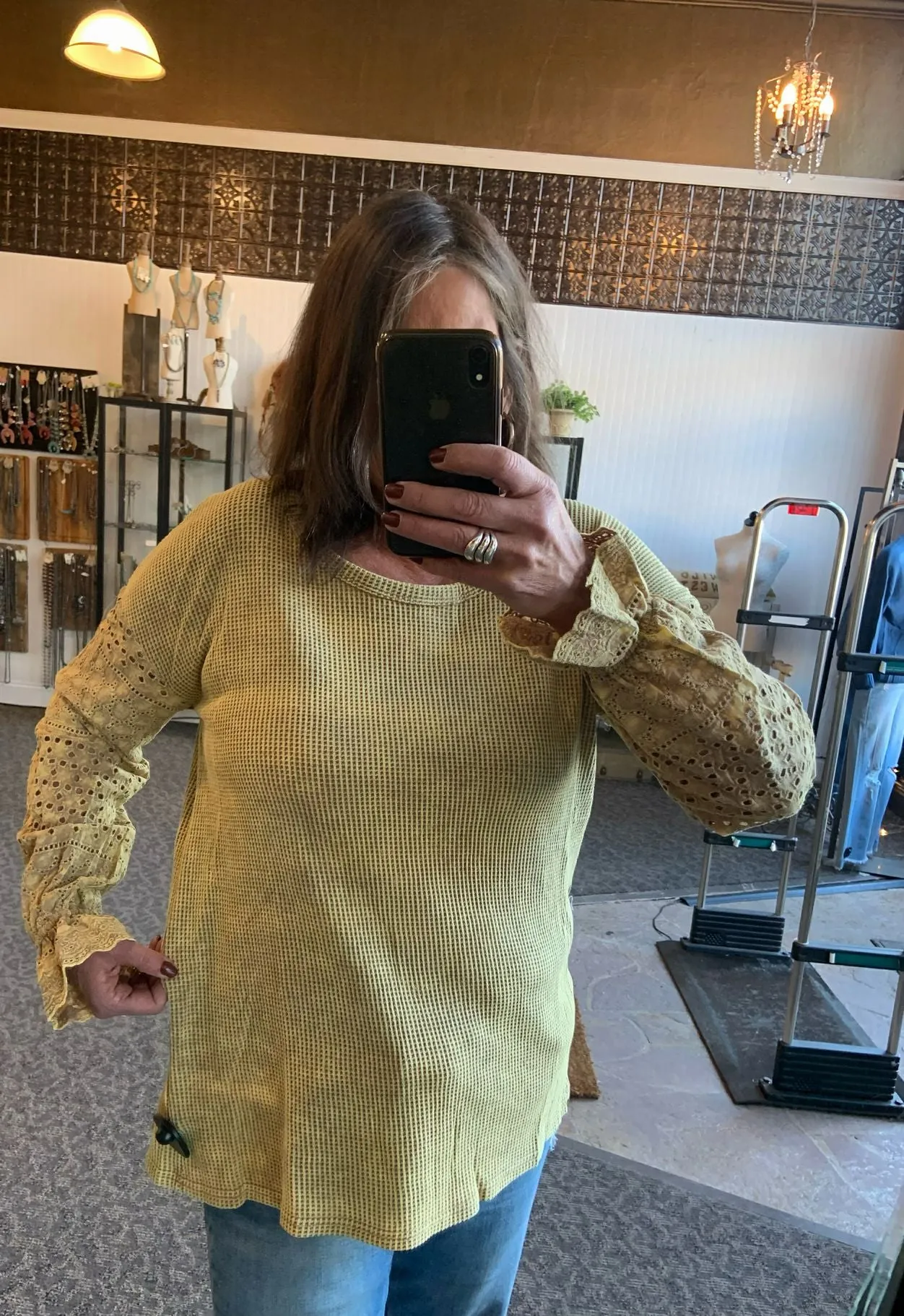 Mustard Thermal Lace Sleeve T Shirt - S to XL