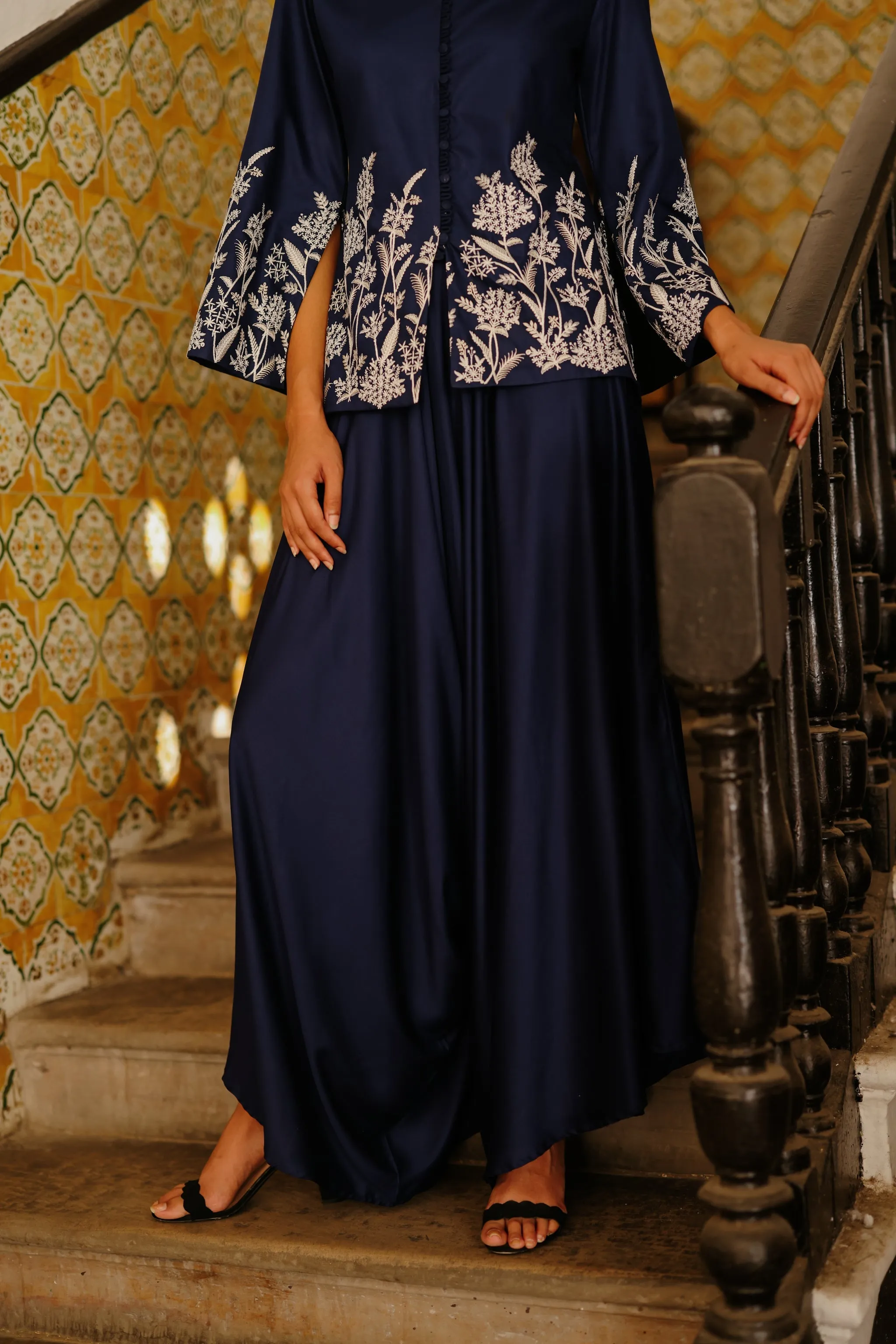 Navy Blue Embroidered Coat with Asymmetrical Pants