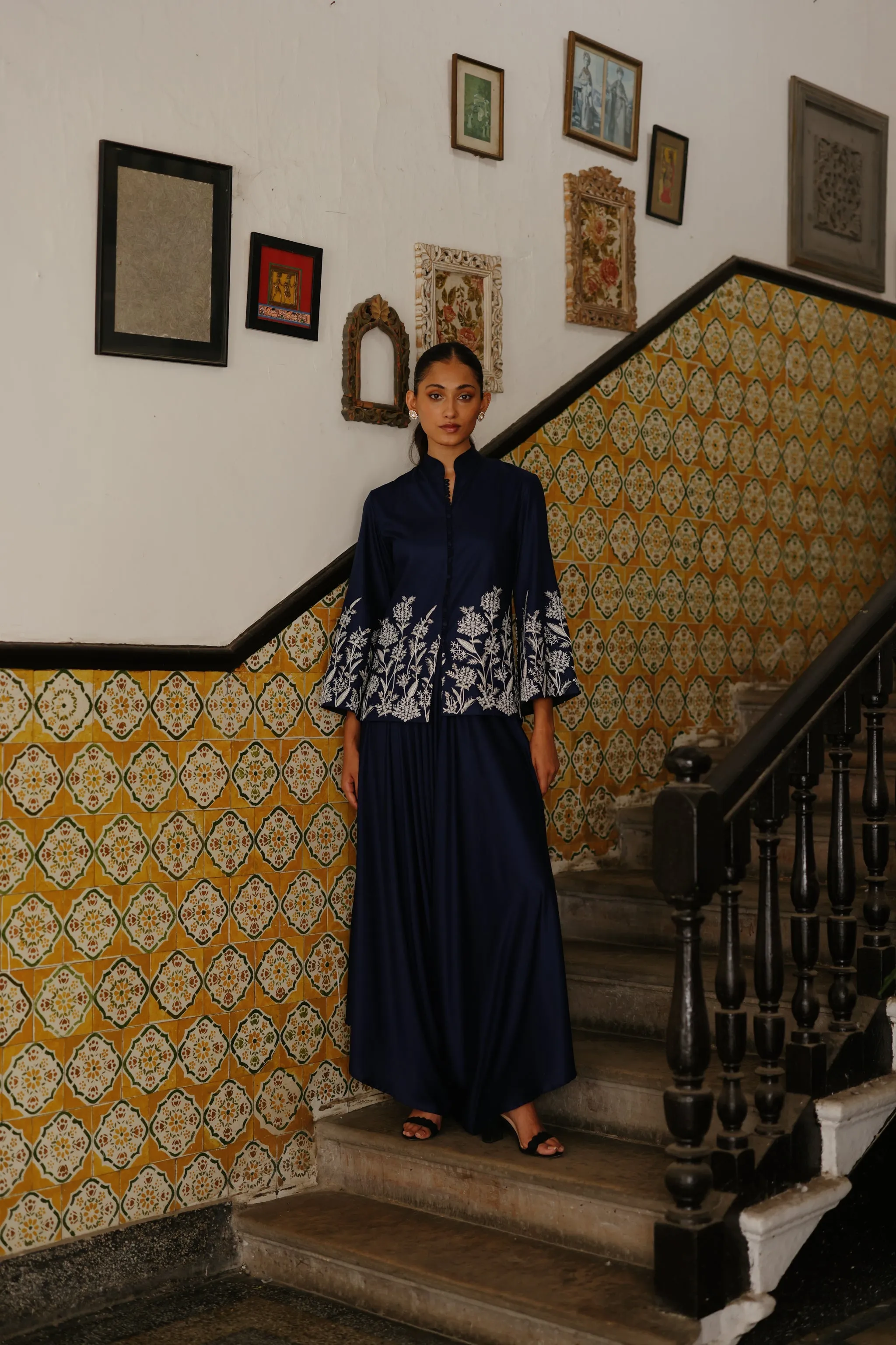 Navy Blue Embroidered Coat with Asymmetrical Pants