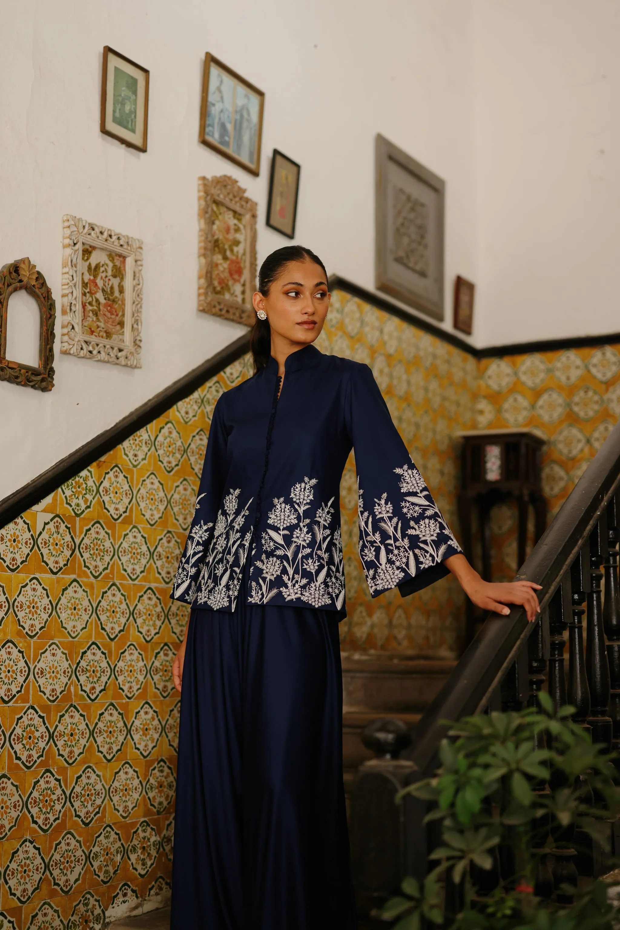 Navy Blue Embroidered Coat with Asymmetrical Pants