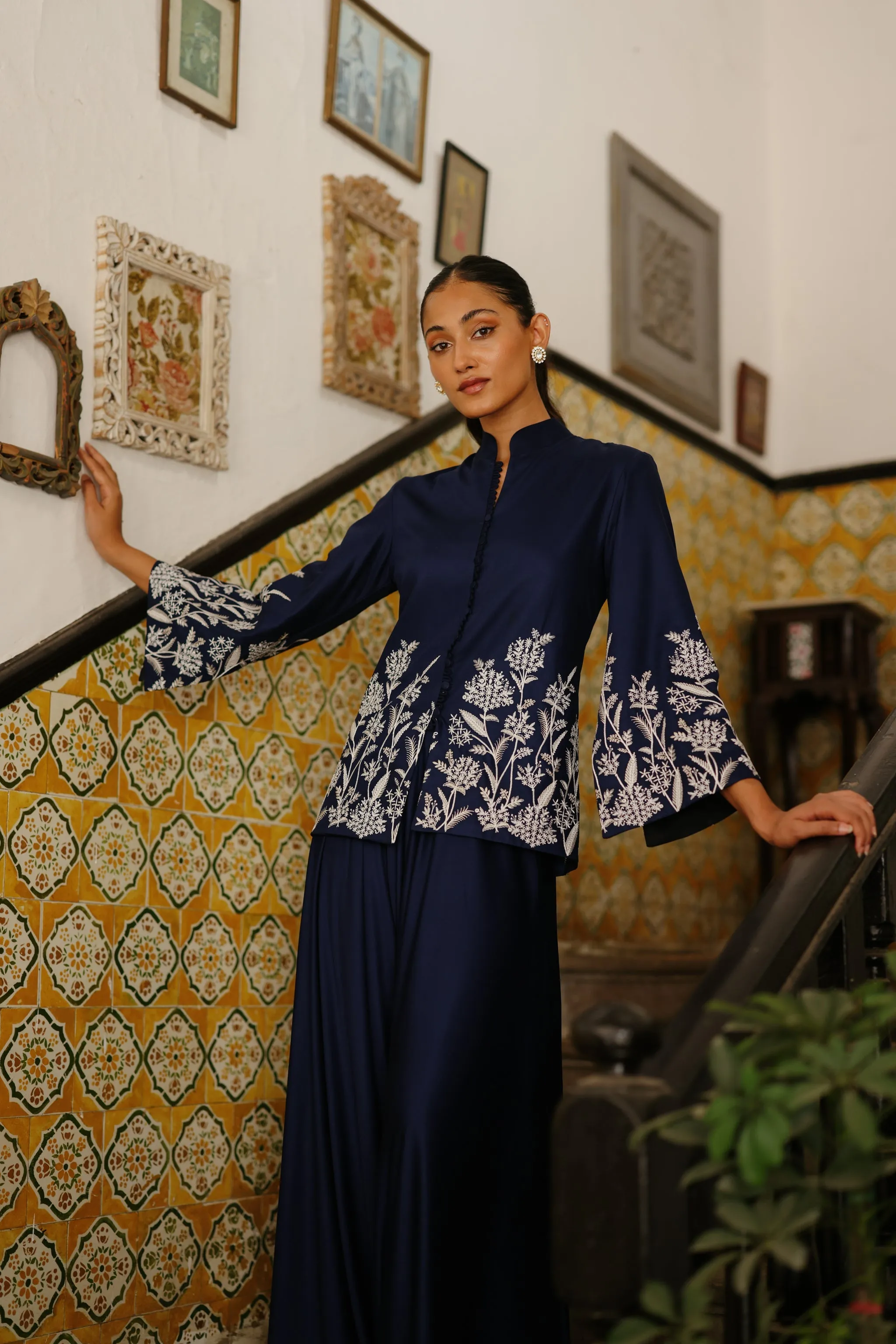 Navy Blue Embroidered Coat with Asymmetrical Pants