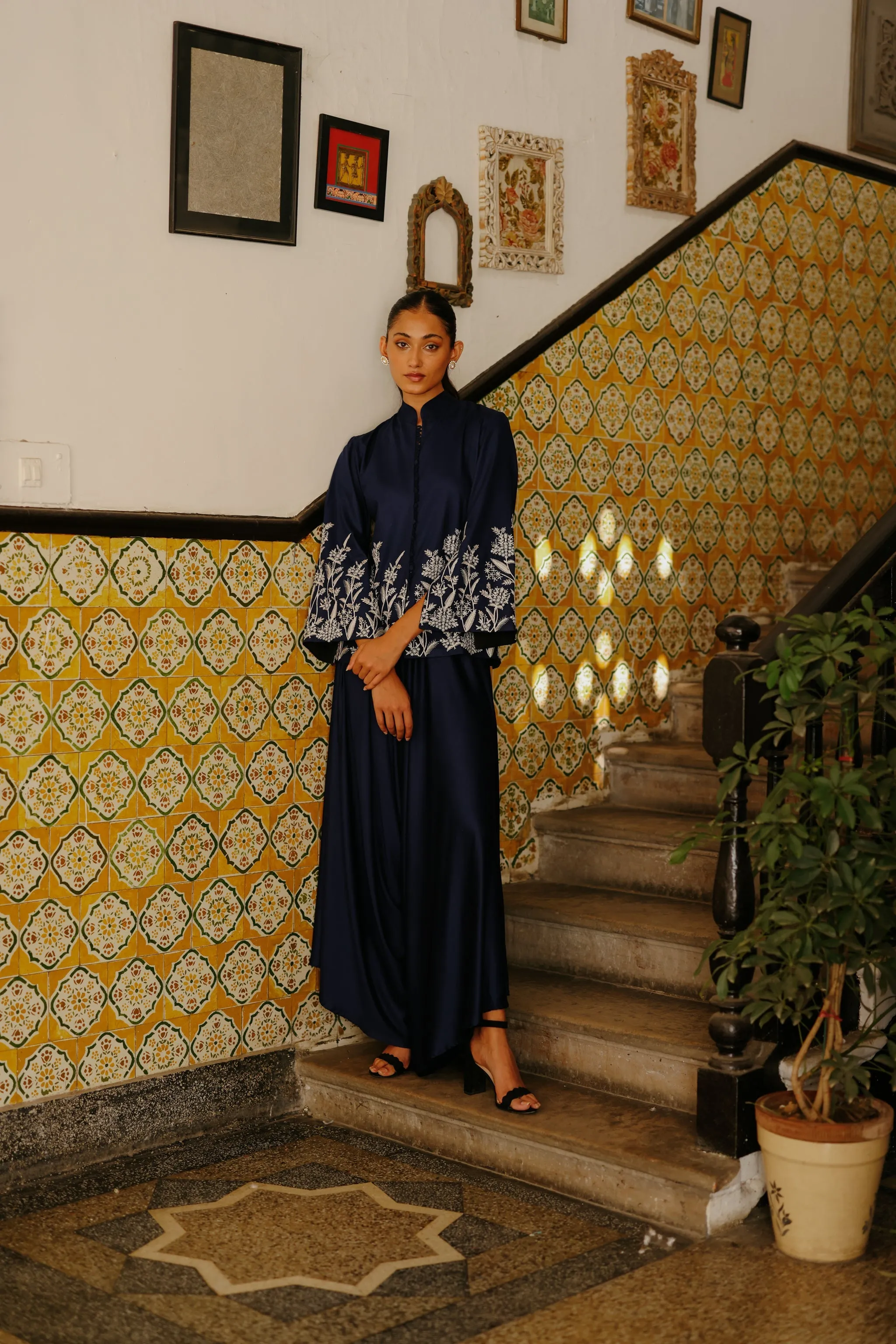 Navy Blue Embroidered Coat with Asymmetrical Pants