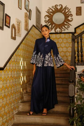 Navy Blue Embroidered Coat with Asymmetrical Pants