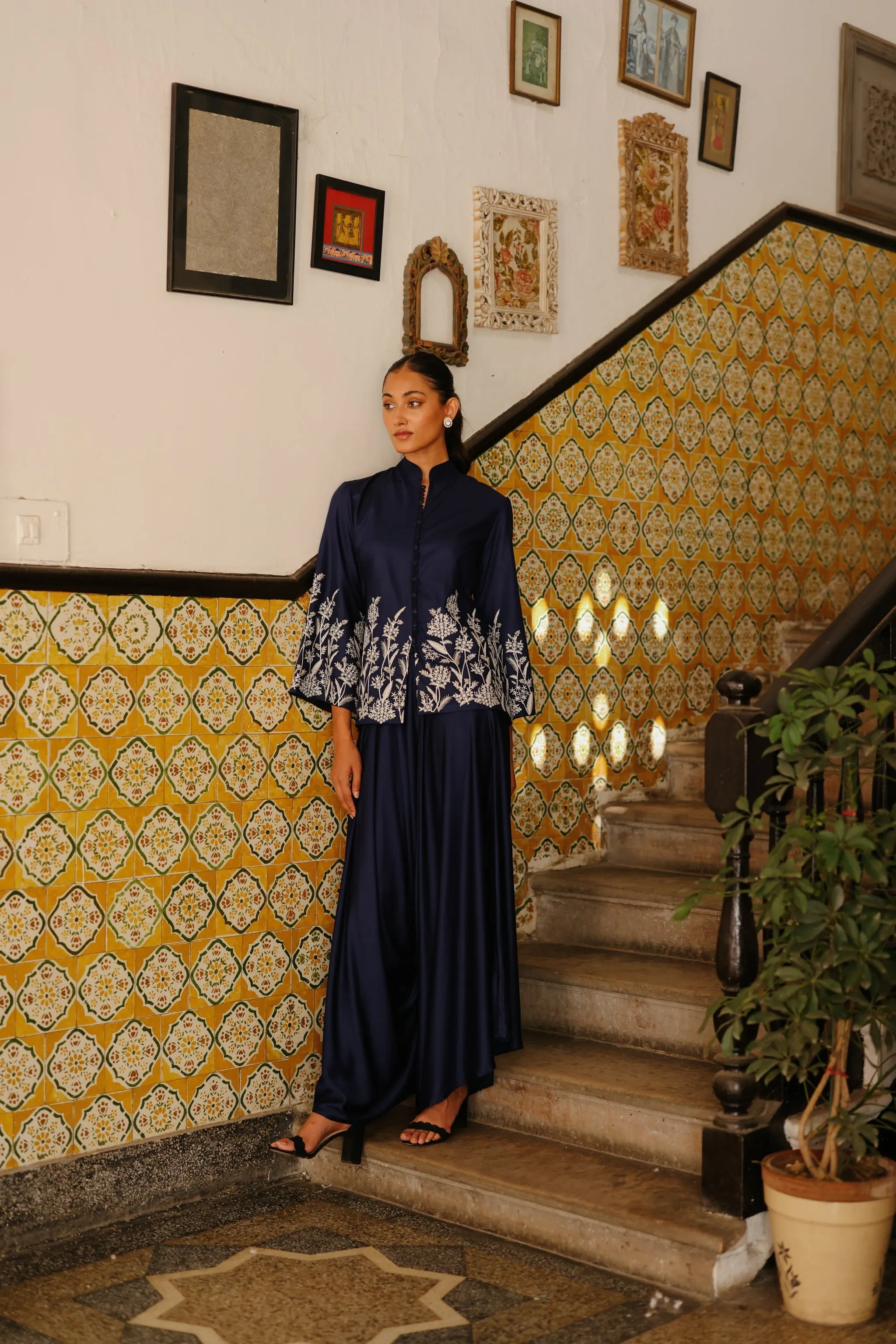 Navy Blue Embroidered Coat with Asymmetrical Pants