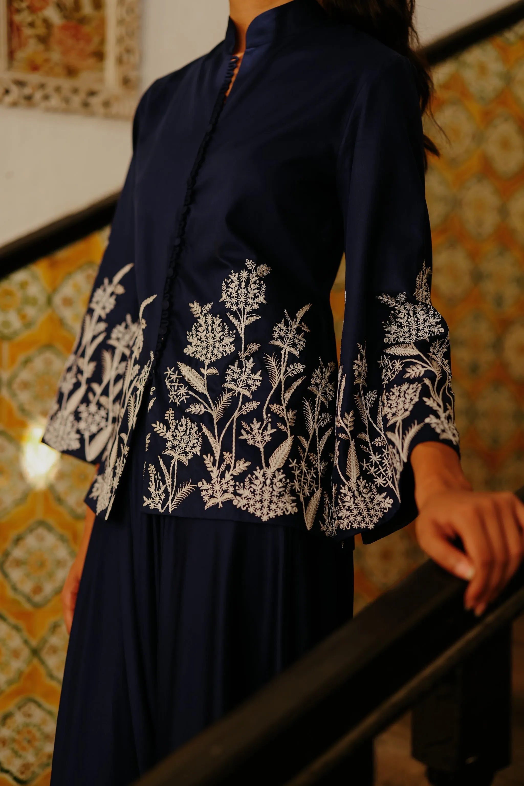 Navy Blue Embroidered Coat with Asymmetrical Pants