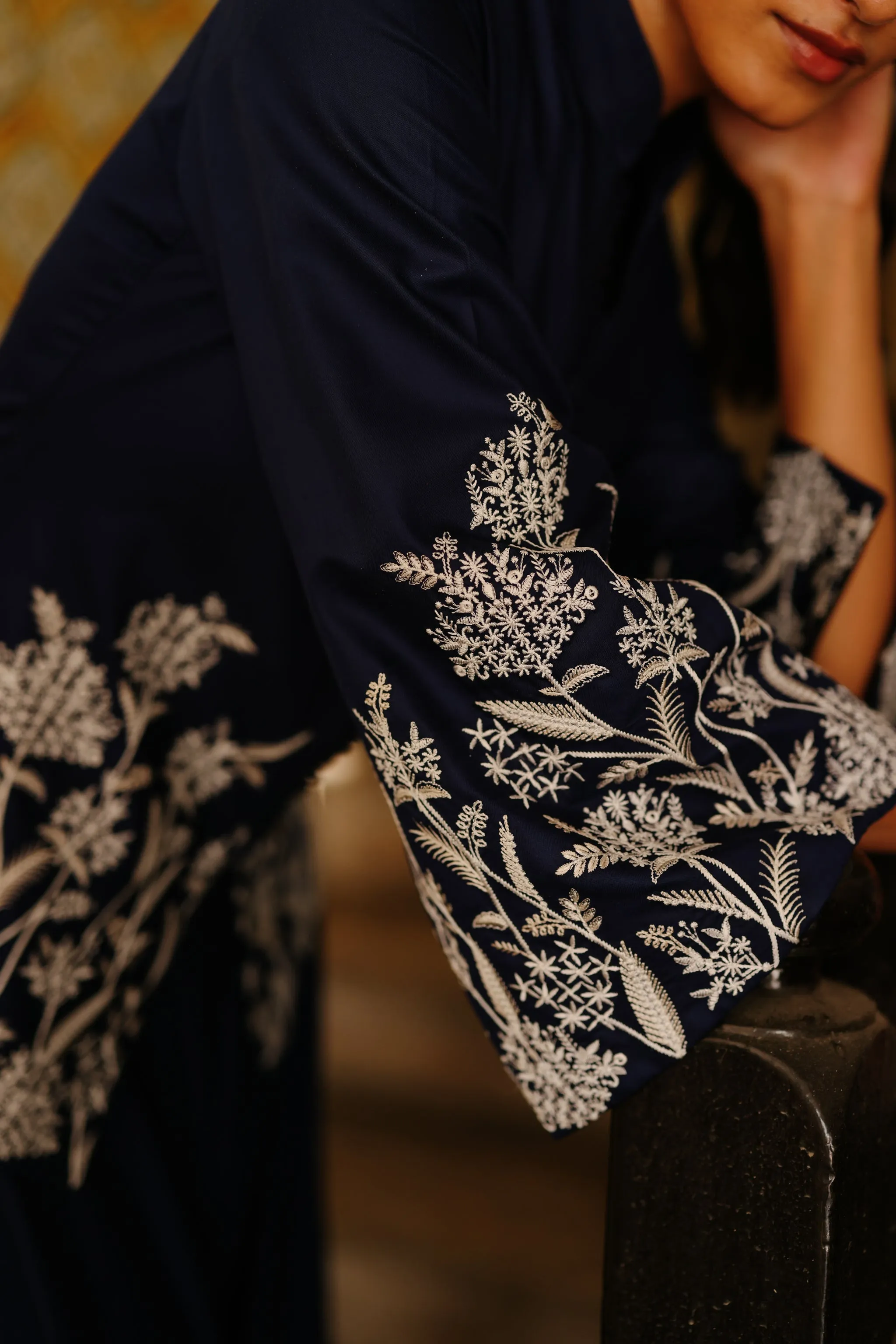 Navy Blue Embroidered Coat with Asymmetrical Pants